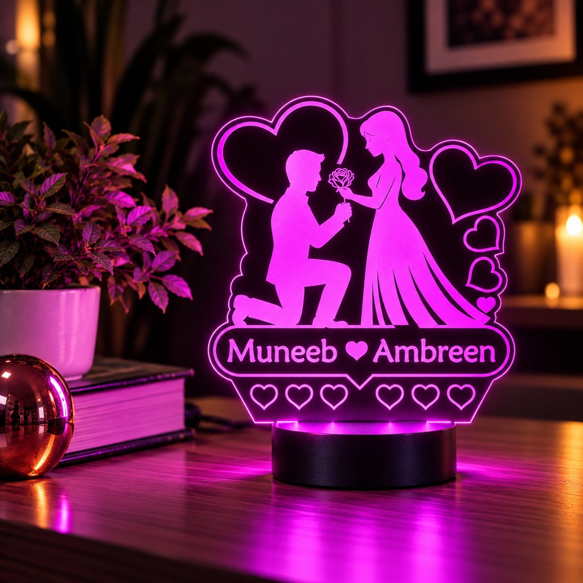 Customized Couple Name Acrylic LED Lamp – Romantic Rose Design & Multicolor Night Light