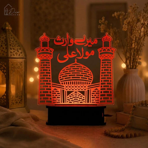 Mere Waris Maula Ali LED Acrylic Lamp – Islamic Calligraphy Lamp Light with Shrine Design  Premium Table Decor